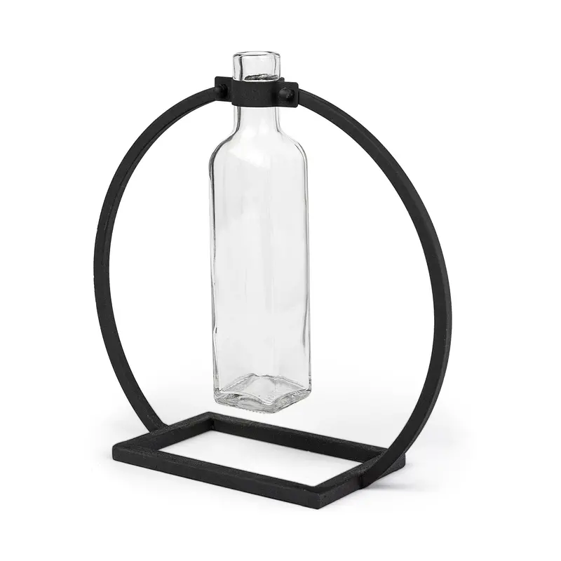 Monica Ii Bottle Vase – Tall Black Metal Stand With Clear Glass Cylinder 1