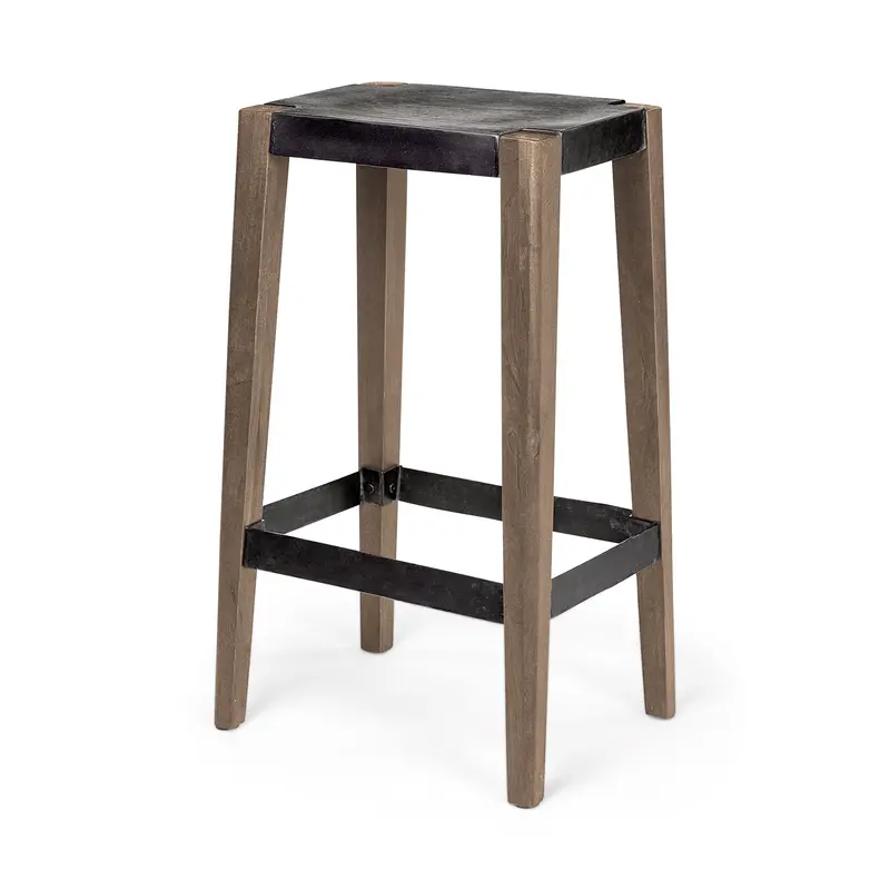 Nell Bar Stool – 30" Seat Height, Black Metal Frame With Brown Wood Legs & Footrest 1