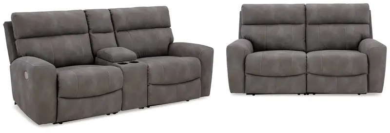 Next-Gen Durapella Slate Gray Power Reclining Sofa And Loveseat Set 1