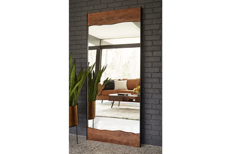 Panchali Full-Length Floor Mirror In Brown Wood Frame With Black Metal Trim 1