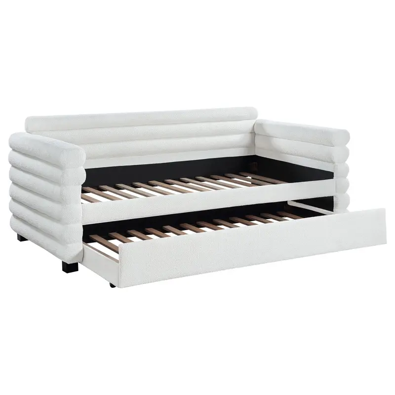 Patricia White Bouclé Twin Daybed With Integrated Trundle 1