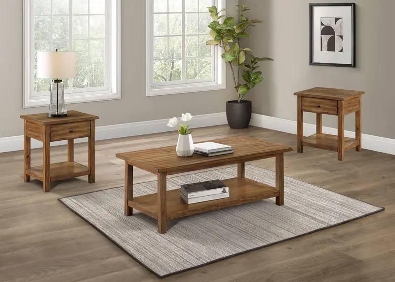 Payne Distressed Brown Living Room Set – 3-Piece Coffee + End Table Combo 1