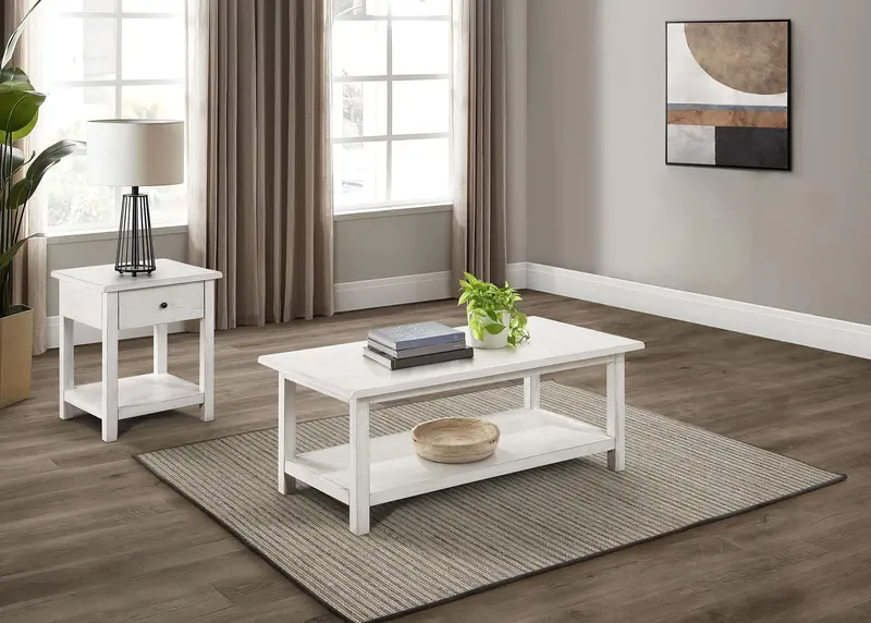 Payne Distressed White Living Room Set – 2-Piece Coffee + End Table 1