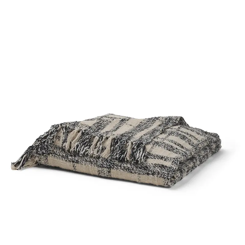 Pendle Cream Cotton Throw Blanket – Woven Black Plaid Texture 1