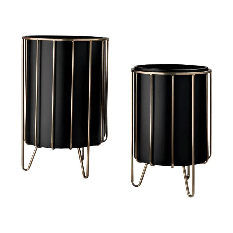 Pianta Dual-Tier Black Metal Plant Stand With Brass Inset Frames (13" X 21") 1