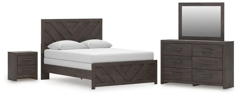 Prendonea Dark Charcoal Queen Bedroom Set: Panel Bed, Dresser, Mirror & Nightstand 1