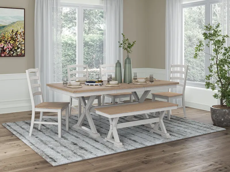 Purlaney Two-Tone Extension Dining Set: Table, Four Chairs, And Bench 1