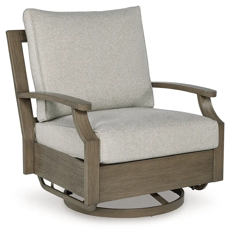 Rainier Ranch Outdoor Swivel Glider Chair In Brown And Beige With Weather-Resistant Cushion 1