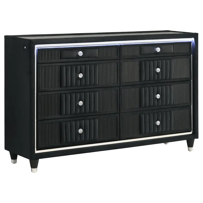 Ravenne Black 6-Drawer Led Dresser With Velvet Upholstery And Charging Ports 1