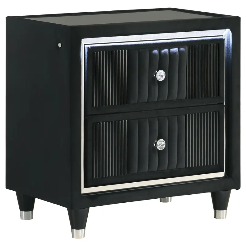 Ravenne Black Led Nightstand: 2-Drawer Velvet-Upholstered Bedside Table With Usb Ports 1