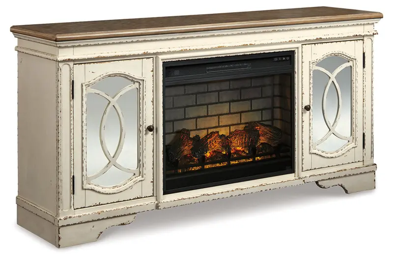 Realyn Chipped White 74-Inch Tv Stand With Electric Fireplace 1