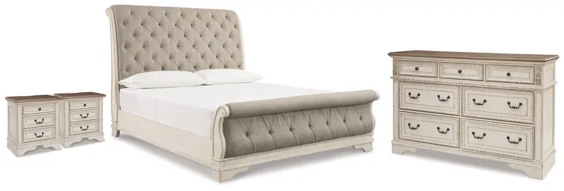 Realyn Chipped White King Sleigh Bed Set With Dresser And Two Nightstands 1