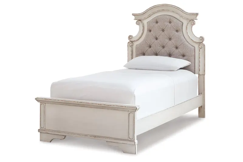 Realyn Chipped-White Twin Upholstered Panel Bed 1