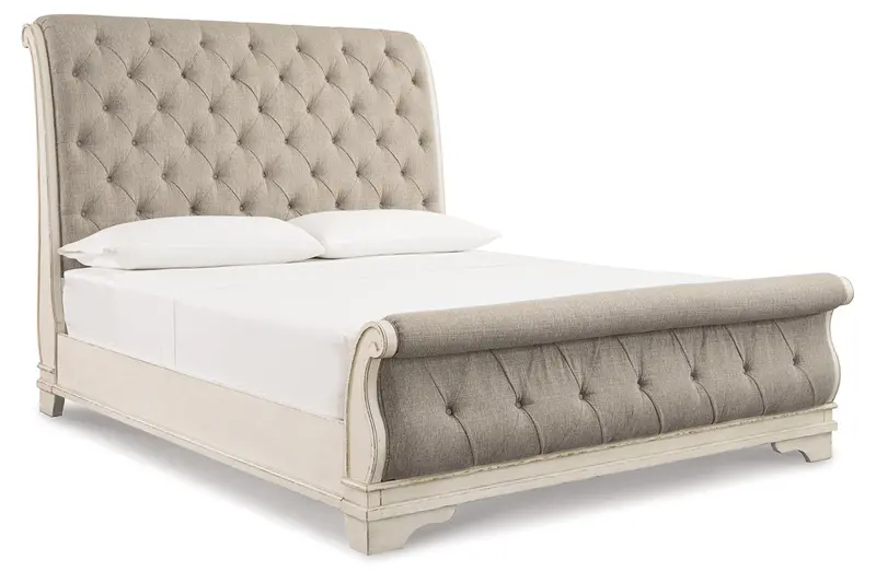 Realyn Chipped White Upholstered California King Sleigh Bed 1