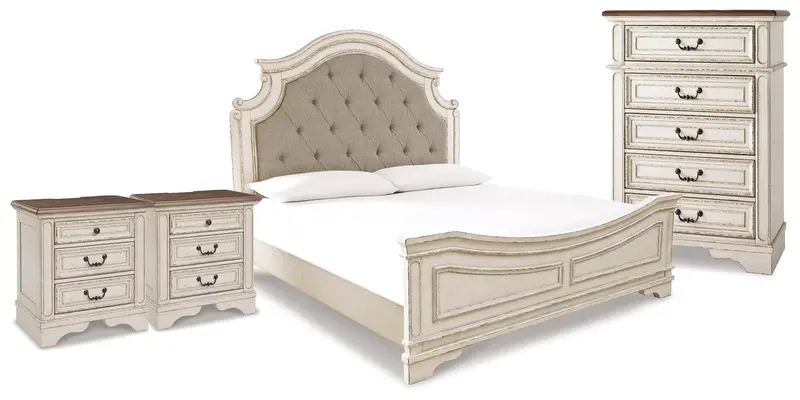 Realyn King Upholstered Panel Bed Set – Chest, Dresser & Two Nightstands Included 1