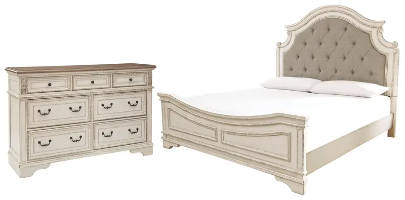 Realyn King Upholstered Panel Bed With Chipped White Dresser Set 1