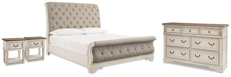 Realyn Queen Upholstered Sleigh Bed Set: Dresser + Two Nightstands 1