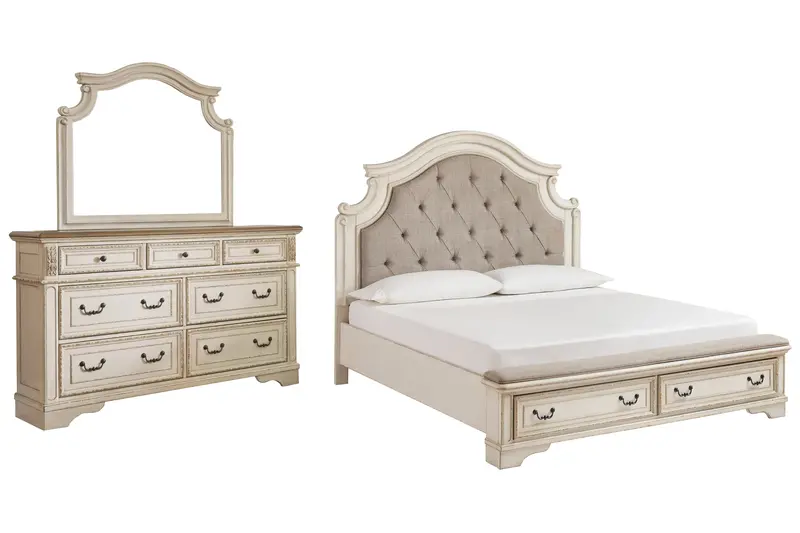Realyn Two-Tone California King Upholstered Bed With Mirrored Dresser 1