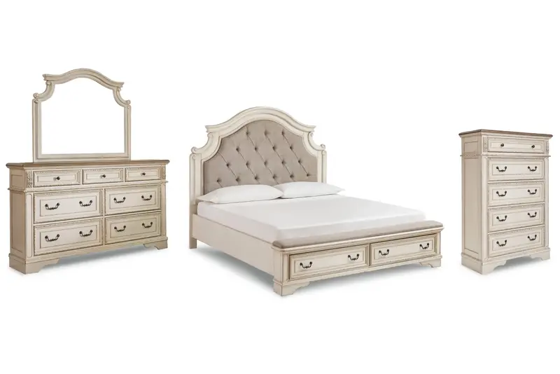 Realyn Two-Tone California King Upholstered Bed With Mirrored Dresser & Chest 1