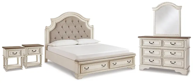 Realyn Two-Tone King Storage Bed Set With Dresser, Mirror, And Nightstands 1