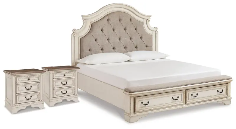 Realyn Two-Tone King Upholstered Storage Bed With Two Nightstands 1