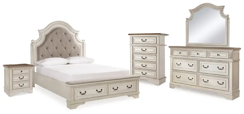 Realyn Two-Tone Queen Bedroom Set: Panel Bed, Dresser, Mirror, Chest, And Nightstand 1