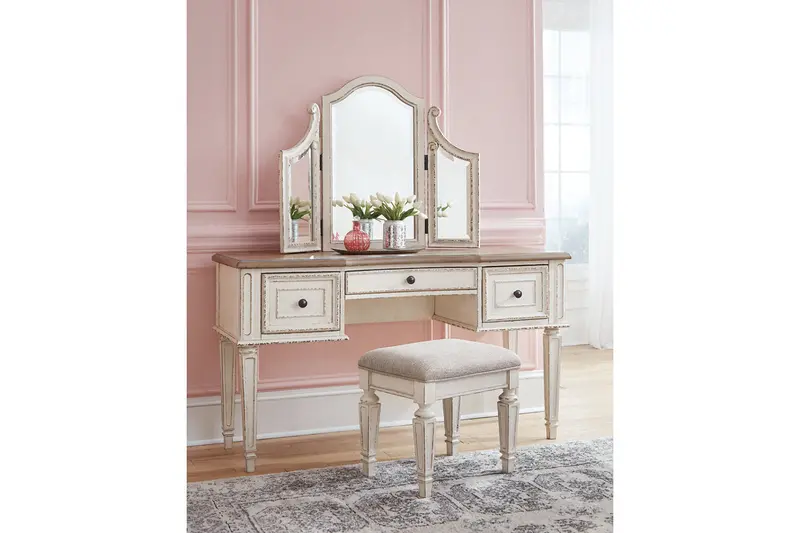 Realyn Two-Tone Vanity Set With Matching Mirror And Stool 1