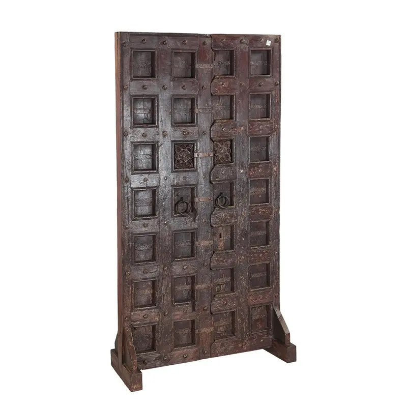Reclaimed Wooden Door Mounted On Stand – Hand-Carved Console 1
