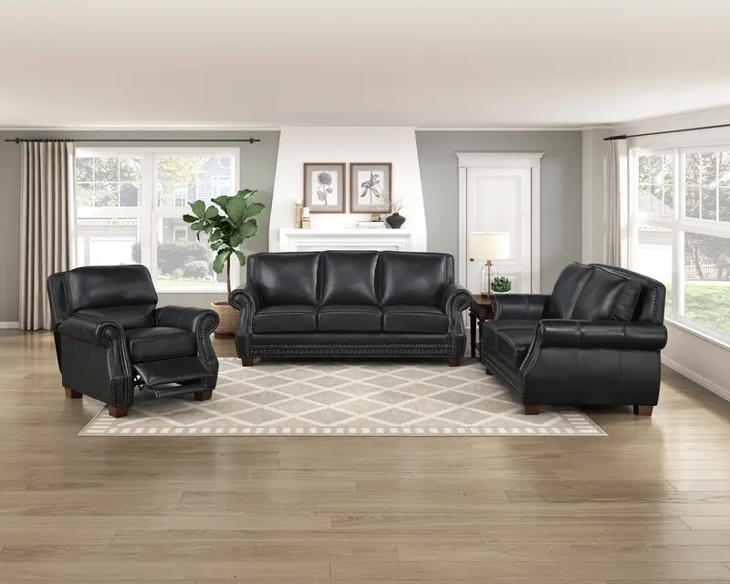 Remington Black Leather Living Room Furniture Set – Sofa And Chairs 1