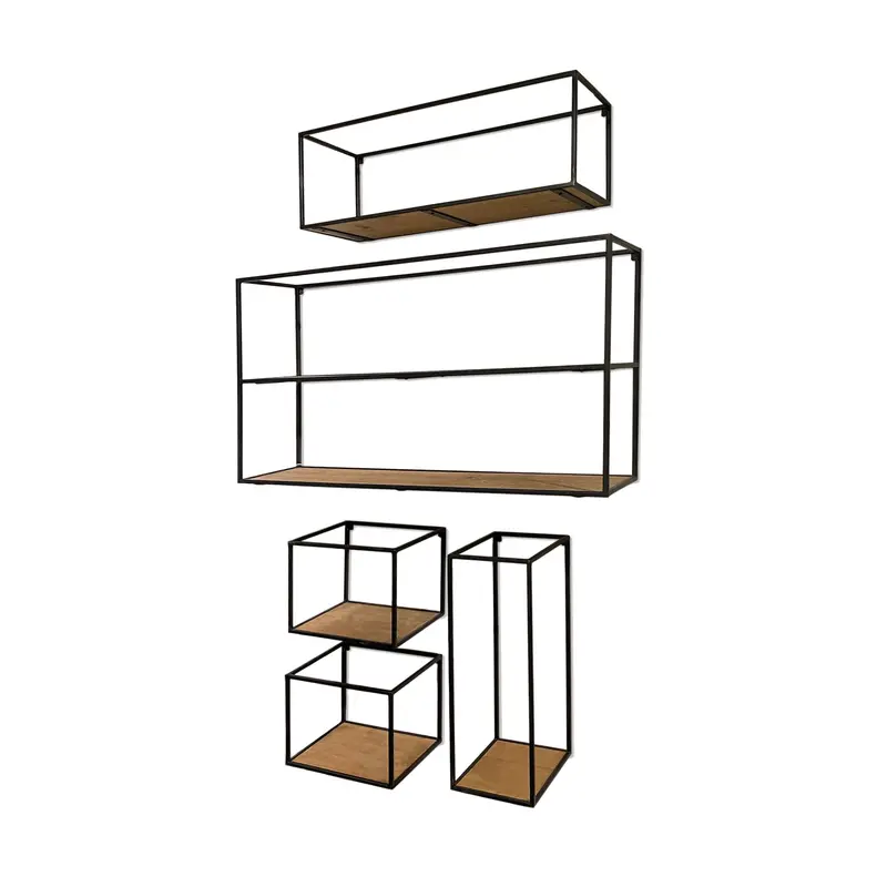 Riaz Modular Shelving Unit — Set Of Five Mixed Wood And Metal Floating Shelves 1