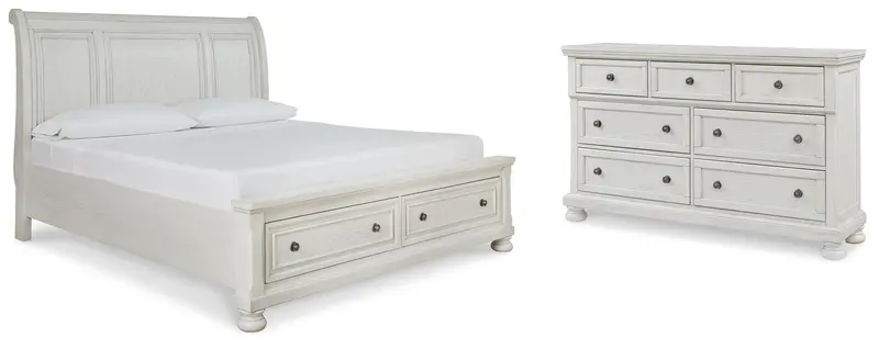 Robbinsdale Antique White California King Sleigh Bed With Storage And Matching Dresser 1