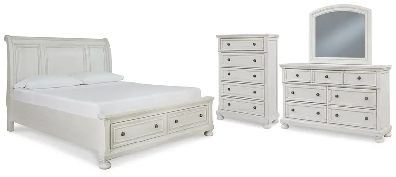 Robbinsdale Antique White California King Sleigh Bed With Storage, Mirrored Dresser, And Chest 1