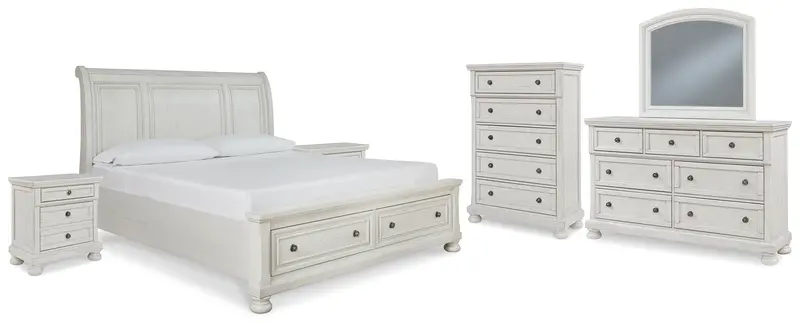 Robbinsdale Antique White King Sleigh Bed With Storage, Mirrored Dresser, Chest, And Two Nightstands 1