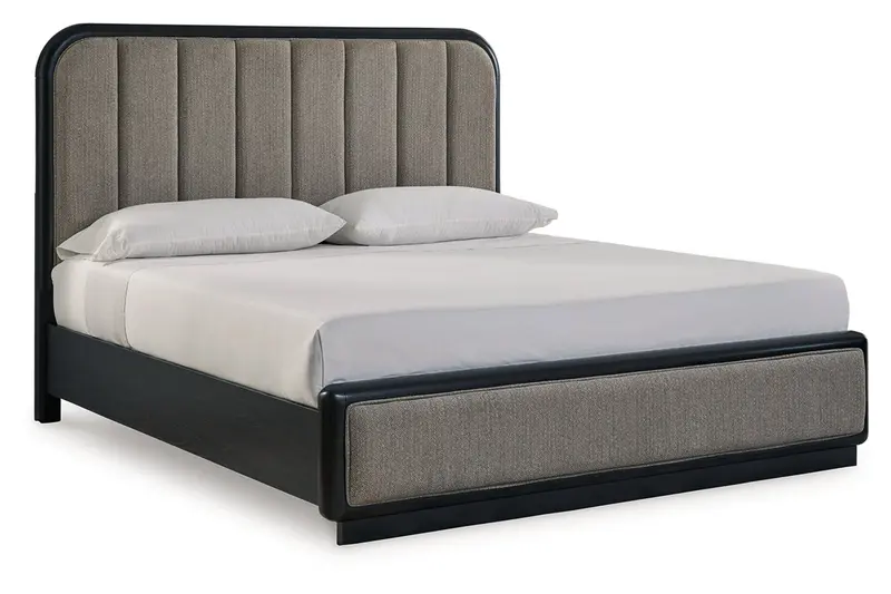 Rowanbeck Upholstered California King Panel Bed In Gray And Black Textured Fabric 1