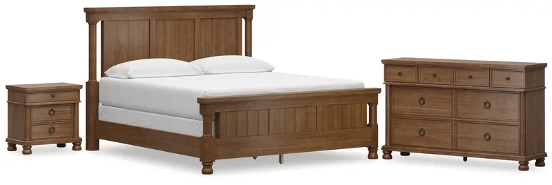 Rowlenstown California King Poster Bed Set: Dresser & Nightstand In Warm Brown 1