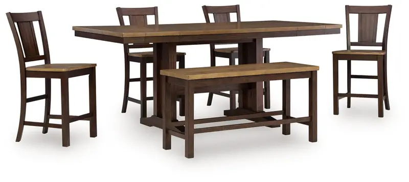 Rylandeen Counter-Height Dining Set – Light And Dark Brown Table With 4 Barstools And Bench 1