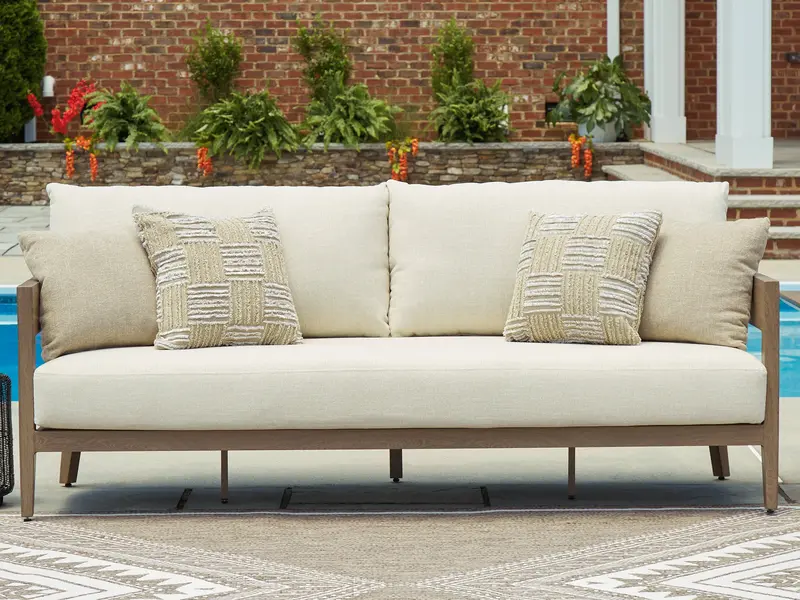 Serene Bay Dark Brown And White Outdoor Sofa With Cushions 1