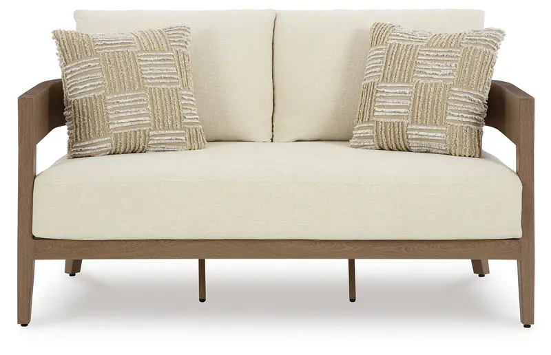 Serene Bay Outdoor Loveseat – Dark Brown/White Frame With Cushioned Seat 1
