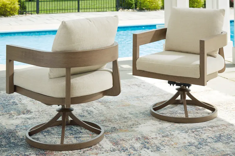 Serene Bay Outdoor Swivel Dining Chair – Dark Brown & White With Cushion 1