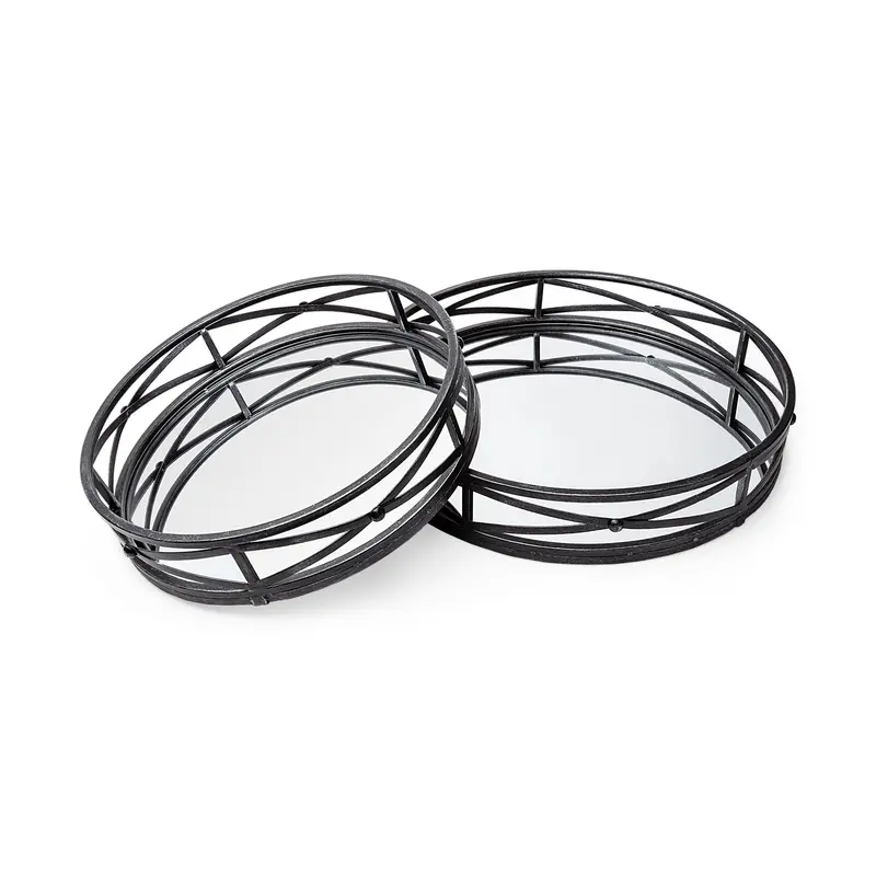 Set Of Two Black Metal Mirrored Round Serving Trays 1