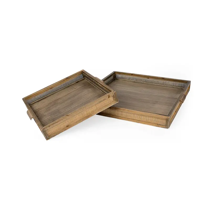 Set Of Two Brown Wood And Wicker Square Serving Trays 1