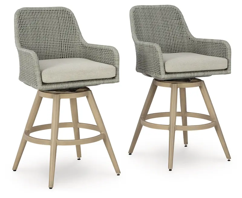 Seton Creek Outdoor Barstools – Beige/Gray Swivel Set Of 2 With Cushions 1