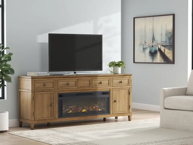 Sharlance Light Brown 81-Inch Media Console With Electric Fireplace 1