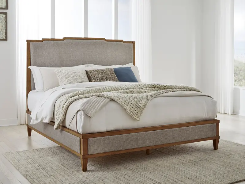 Sharlance Light Brown Upholstered King Panel Bed 1