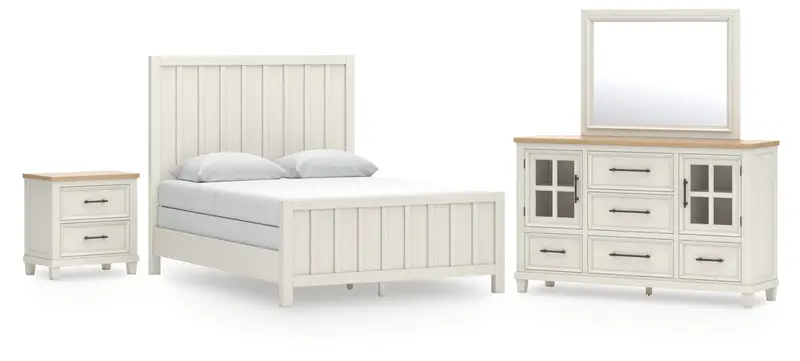 Shaybrock Antiqued White And Light Gray Wood Queen Bedroom Set: Panel Bed, Dresser, Mirror & Nightstand 1