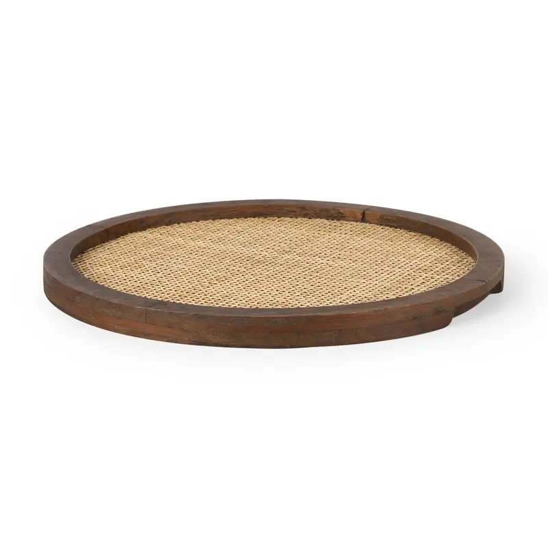 Silas Round Tray – Natural Cane And Medium Brown Wood Accents 1