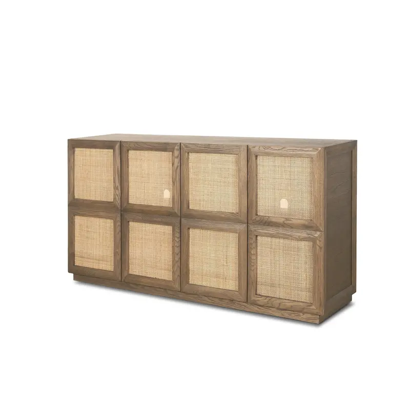Sina Sideboard – Brown Oak Wood Cabinet With Natural Rattan Accents (4-Door) 1