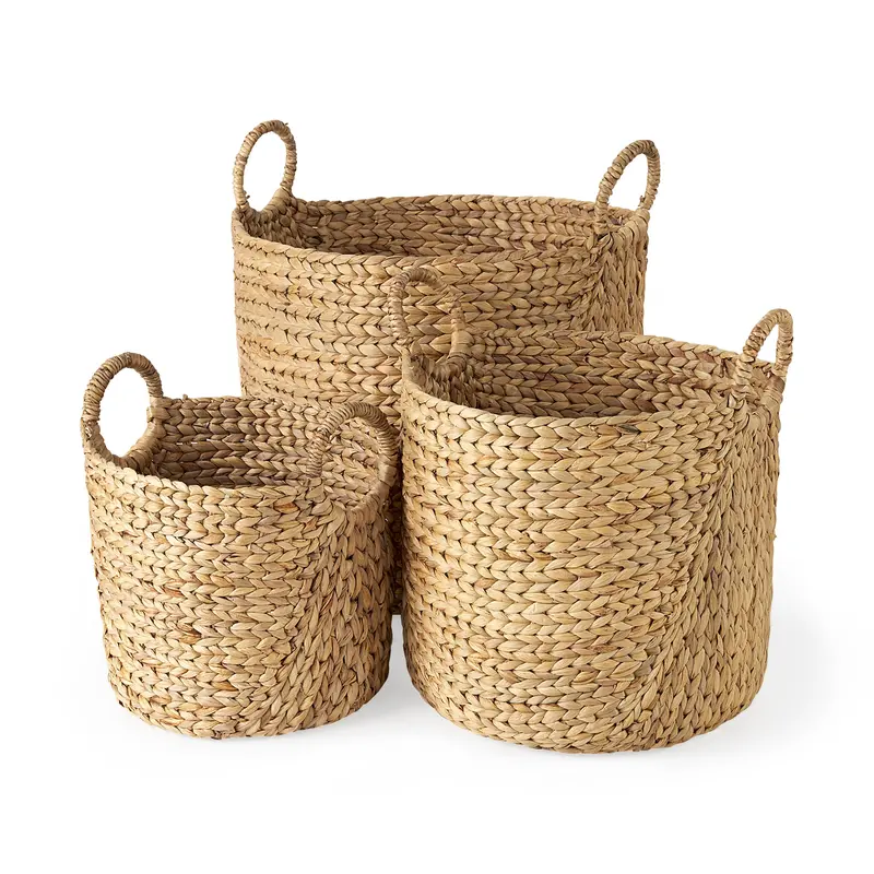 Sivan Light Brown Water Hyacinth Round Storage Basket Set – 3-Piece, 19.7" Diameter × 23.6" Height With Handles 1
