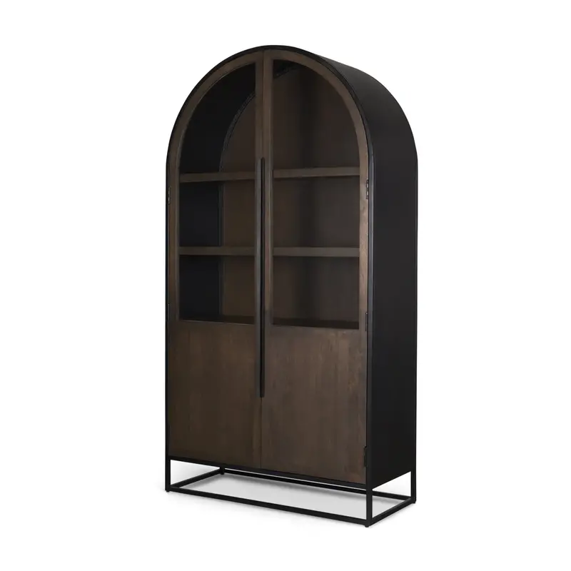 Sloan Arched Curio Cabinet – 42"W X 80"H In Dark Brown Wood With Black Metal Accents 1