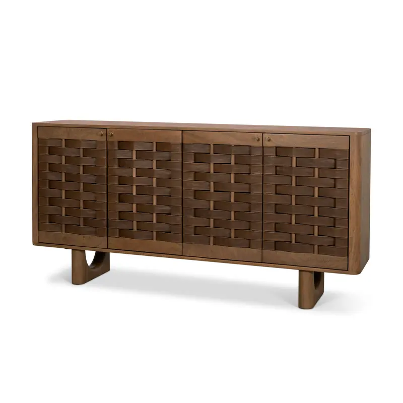 Solid Wood Sideboard With Leather-Weave Front – 4-Door Closed Storage Cabinet 1